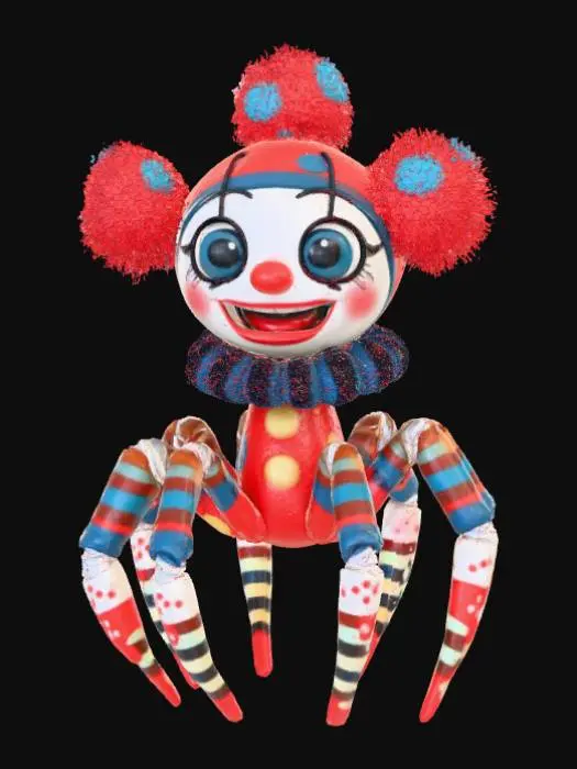 3D model for Smooth detail, kawaii, creepy, spider clown, posed on a dungeon style base.