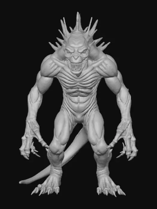 3D model for High detail, Saw toothed monster, posed on a rocky terrain.