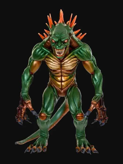 3D model for High detail, Saw toothed monster, posed on a rocky terrain.