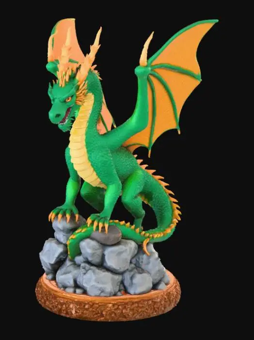 3D model for High detail, legendary, dragon, posed on a rocky structure, with a detailed wooden base.