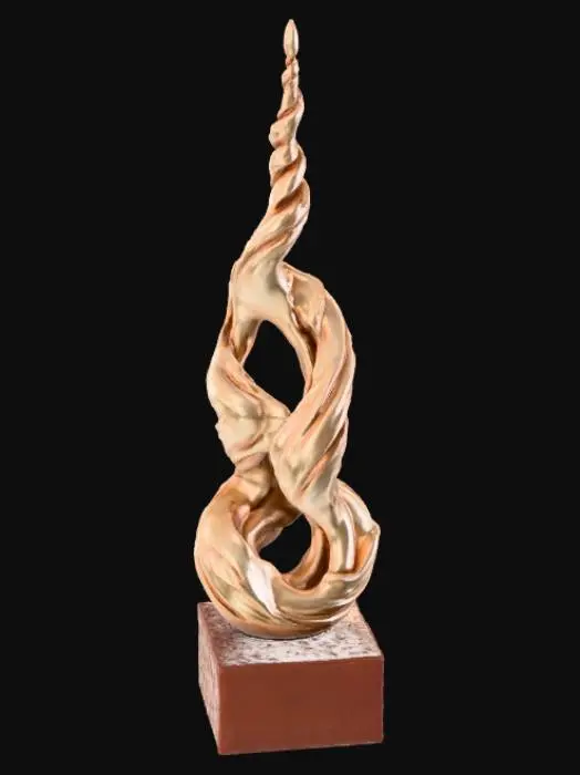 3D model for High detail, Abstract, spire, designed to style anatomy theme, placed on a dark oak wood base.