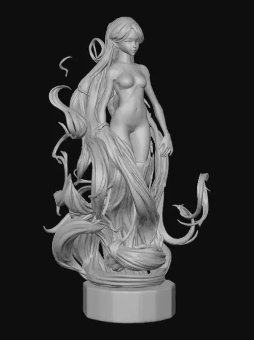 3D model for High detail, Abstract, spire, designed to style anime girl theme, placed on a dark oak wood base.