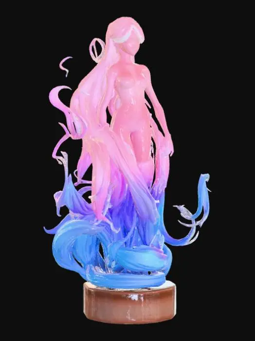 3D model for High detail, Abstract, spire, designed to style anime girl theme, placed on a dark oak wood base.
