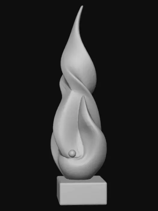 3D model for High detail, Abstract, spire, designed as a fluid splash, placed on a dark oak wood base.