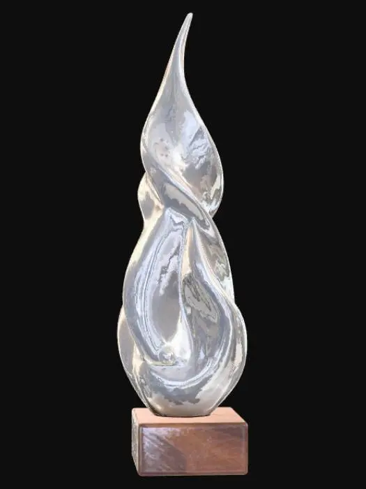 3D model for High detail, Abstract, spire, designed as a fluid splash, placed on a dark oak wood base.