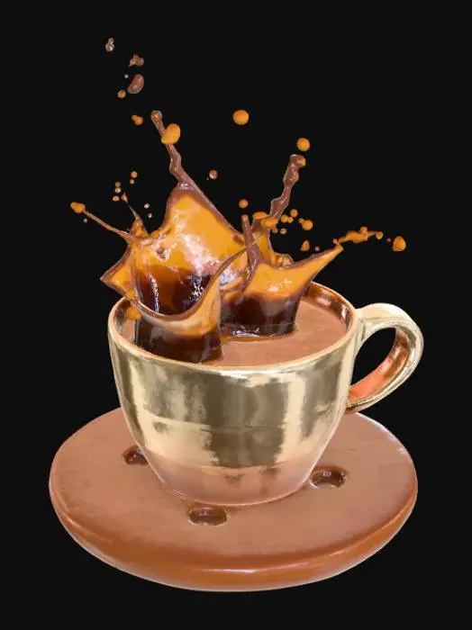 3D model for High detail, floating cup of coffee, pouring coffee out, from a mid height, splashing a circular splash, onto a wooden display base.