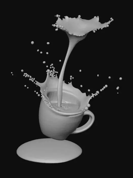 3D model for High detail, floating tipped cup of coffee, suspended by a coffee stream, splashing a circular splash, onto a wooden countertop display base.