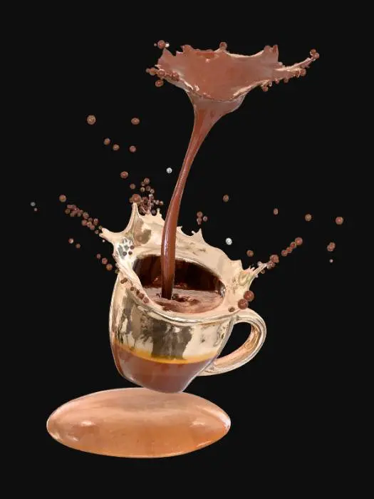 3D model for High detail, floating tipped cup of coffee, suspended by a coffee stream, splashing a circular splash, onto a wooden countertop display base.
