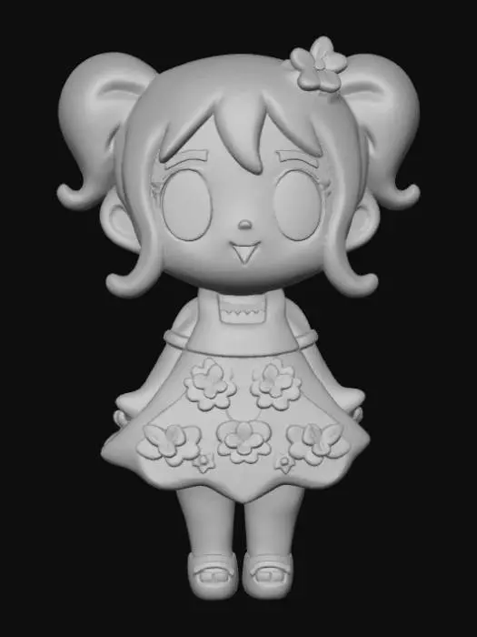 3D model for Kawaii, flat, smooth detail, enamel pin, designed like an anime girl