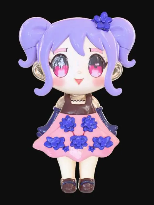 3D model for Kawaii, flat, smooth detail, enamel pin, designed like an anime girl