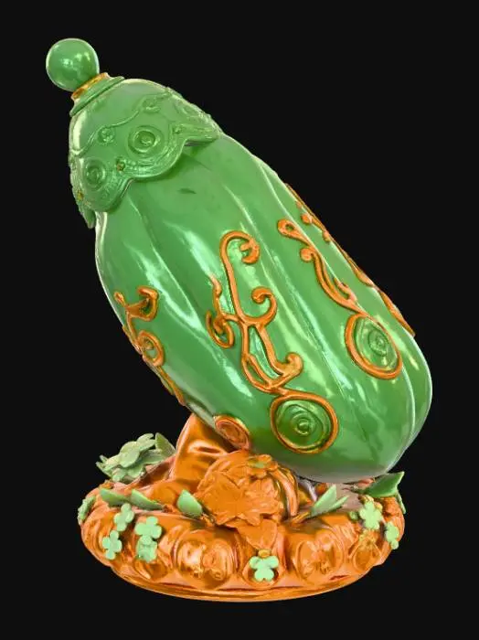 3D model for High detail, extravagant, tabletop pickle decoration, with extravagant pickle base and backdrop.
