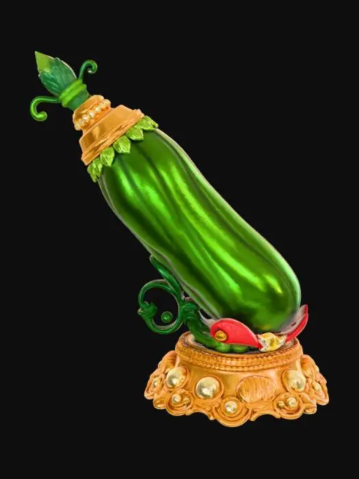 3D model for High detail, extravagant, tabletop pickle decoration, with extravagant pickle base and backdrop.