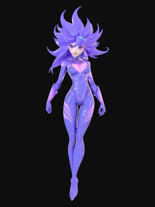3D model for Abstract, anime girl, superhero, with added action effects, posed on a flat superhero logo.