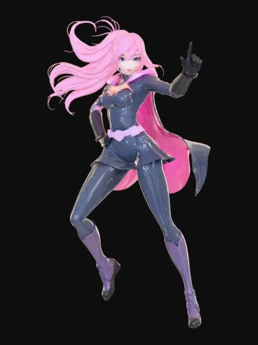 3D model for Abstract, anime girl, superhero, with added action effects, posed on a flat superhero logo.