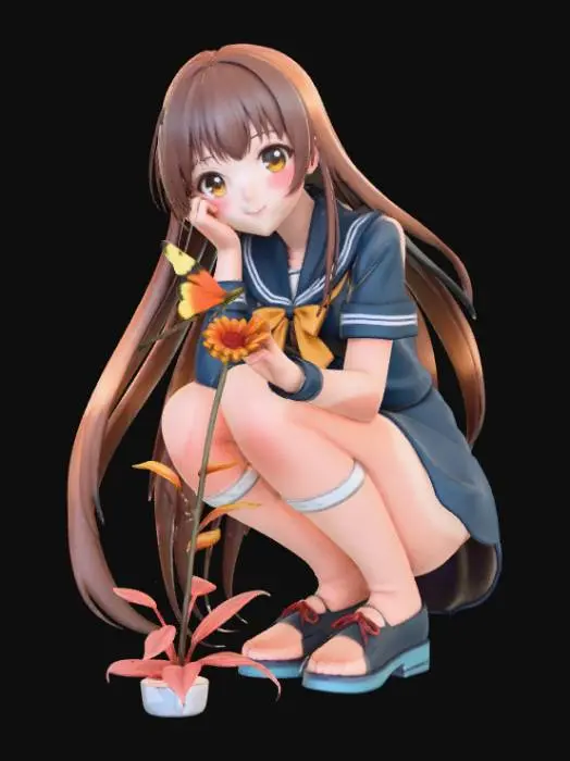 3D model for High detail, anime school girl, squatting down to look at a butterfly sitting ontop of a flower, tabletop decoration.