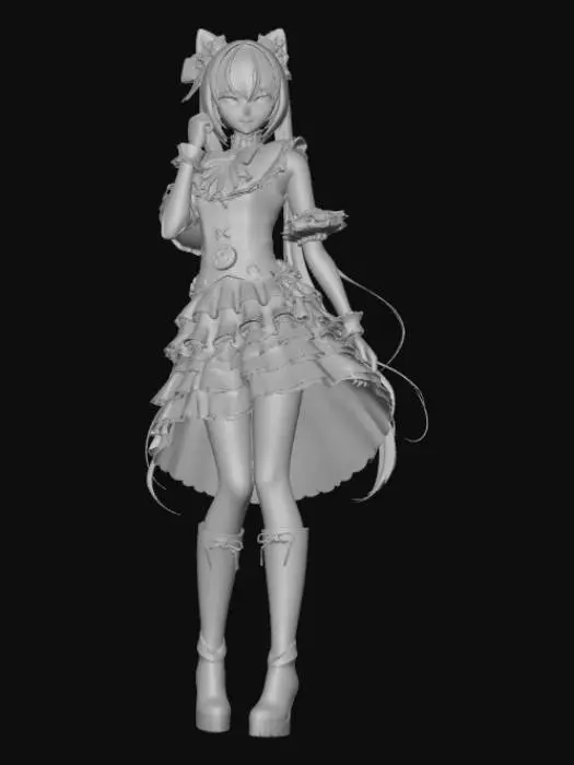 3D model for High detail, Anime Girl, Posing dramatically, posed on sidewalk base, with a shop facade backdrop