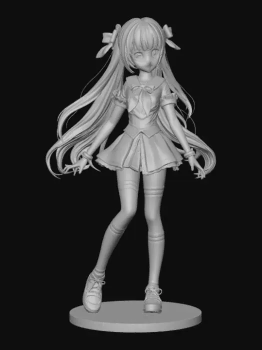 3D model for High detail, Anime Girl, Posing dramatically, posed on sidewalk base, with a shop facade backdrop