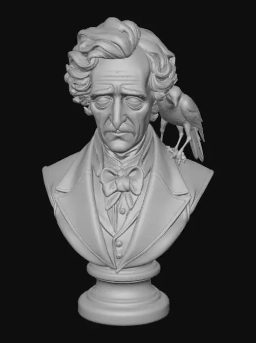 3D model for High detail, extravagant, edgar allen poe bust, with a raven with its wings extended.