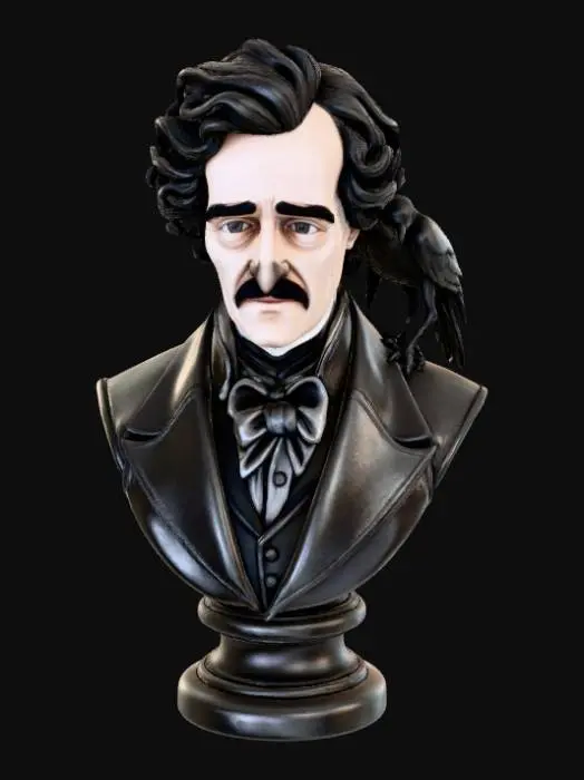 3D model for High detail, extravagant, edgar allen poe bust, with a raven with its wings extended.