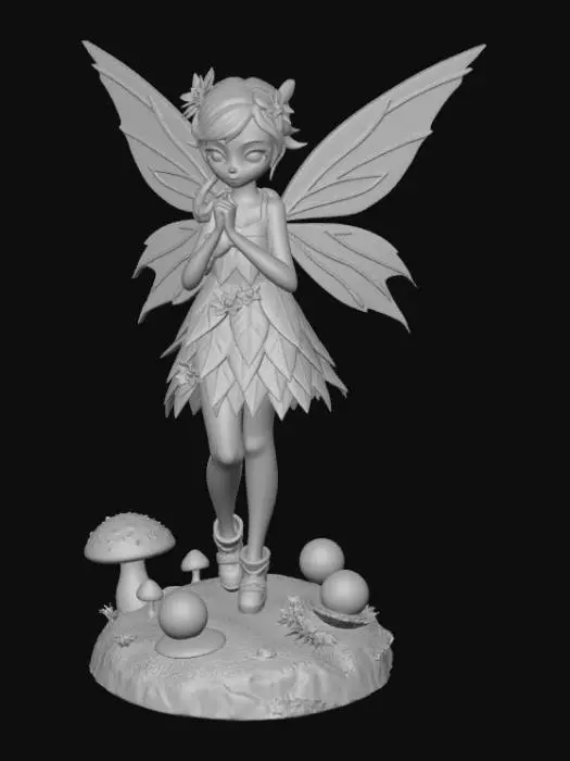 3D model for High detail, Anime, Forest Pixie Elf, posed on a forest themed base. Forest themed base.