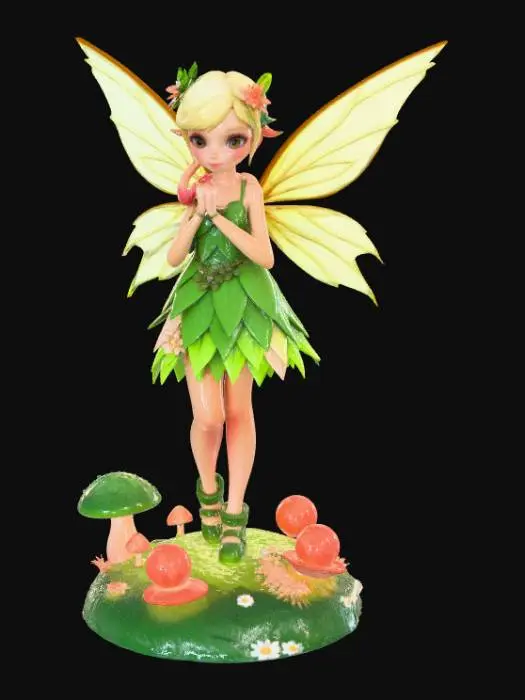 3D model for High detail, Anime, Forest Pixie Elf, posed on a forest themed base. Forest themed base.