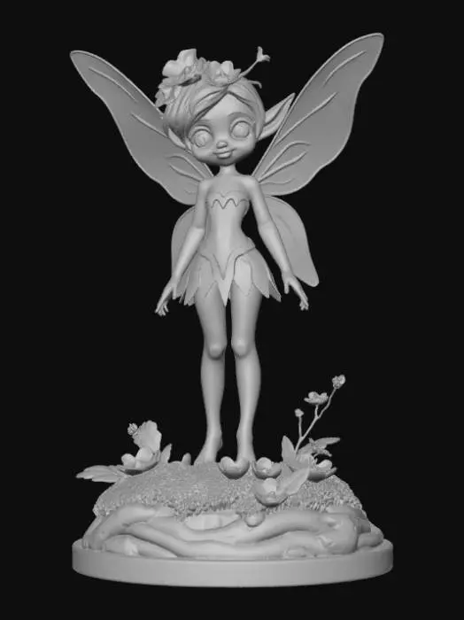 3D model for High detail, Anime, Forest Pixie Elf, posed on a forest themed base. Forest themed base.