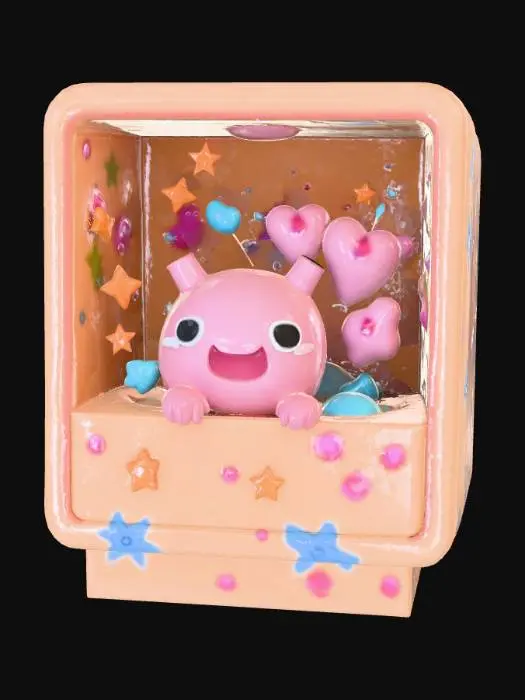 3D model for High detail, square box with one side open, with a smooth detail, kawaii monster inside, with cheerful decorations along the inside of the box.