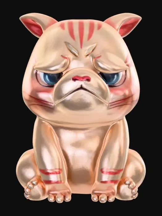 3D model for Smooth, simple detail, kawaii, grumpy animal, sitting.