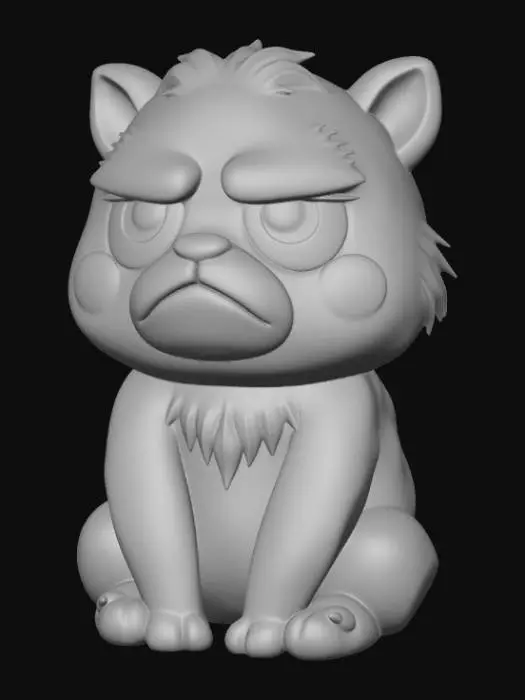 3D model for Smooth, simple detail, kawaii, grumpy animal, sitting.