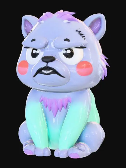 3D model for Smooth, simple detail, kawaii, grumpy animal, sitting.