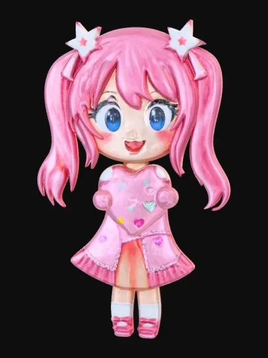 3D model for Kawaii, enamel pin, designed like an anime girl