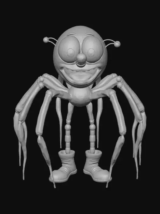 3D model for Smooth detail, kawaii, creepy, spider clown, posed on a dungeon style base.