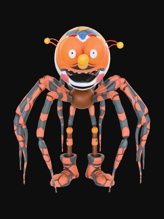 3D model for Smooth detail, kawaii, creepy, spider clown, posed on a dungeon style base.