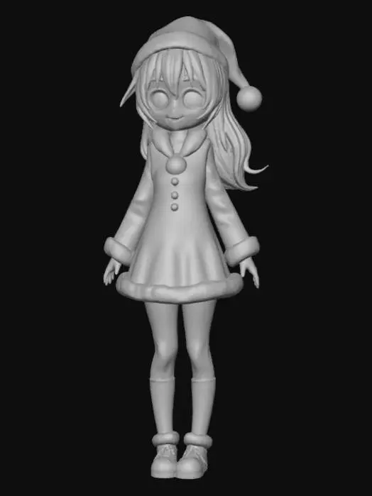 3D model for High detail, anime character, wearing christmas outfit, posed joyfully, standing on wooden stand.