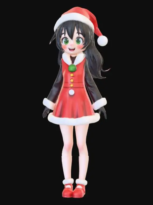 3D model for High detail, anime character, wearing christmas outfit, posed joyfully, standing on wooden stand.