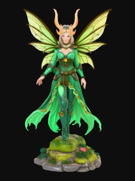 3D model for High detail, Fantasy, Fey Creature, wearing high detail adventurer clothes, standing on high detailed base, in action pose.