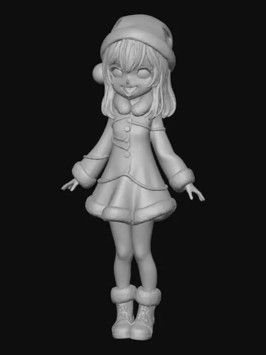 3D model for High detail, anime character, wearing christmas outfit, posed joyfully, standing on wooden stand.