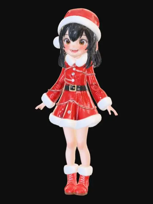 3D model for High detail, anime character, wearing christmas outfit, posed joyfully, standing on wooden stand.
