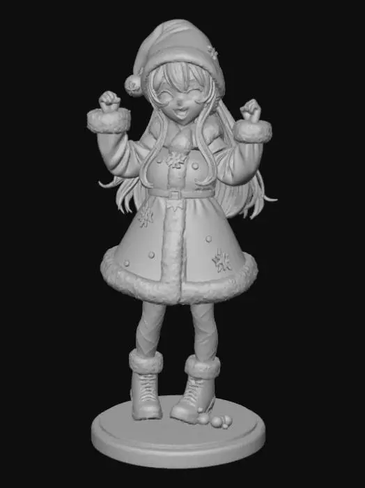 3D model for High detail, anime character, wearing christmas outfit, posed joyfully, standing on wooden stand.