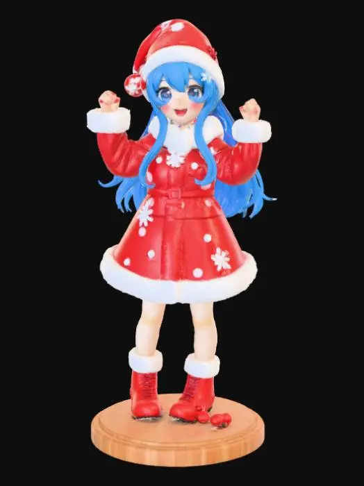 3D model for High detail, anime character, wearing christmas outfit, posed joyfully, standing on wooden stand.