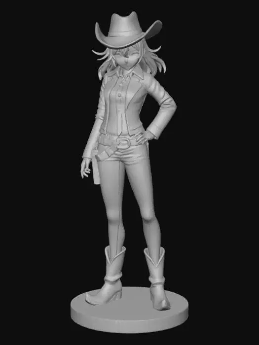3D model for High detail, anime cowgirl, wearing leather outfit, posed in an action pose, standing on a detailed wooden base.