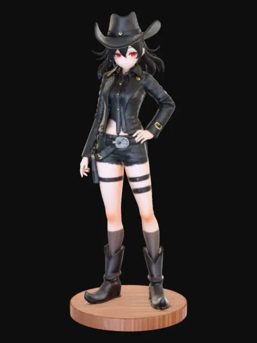 3D model for High detail, anime cowgirl, wearing leather outfit, posed in an action pose, standing on a detailed wooden base.