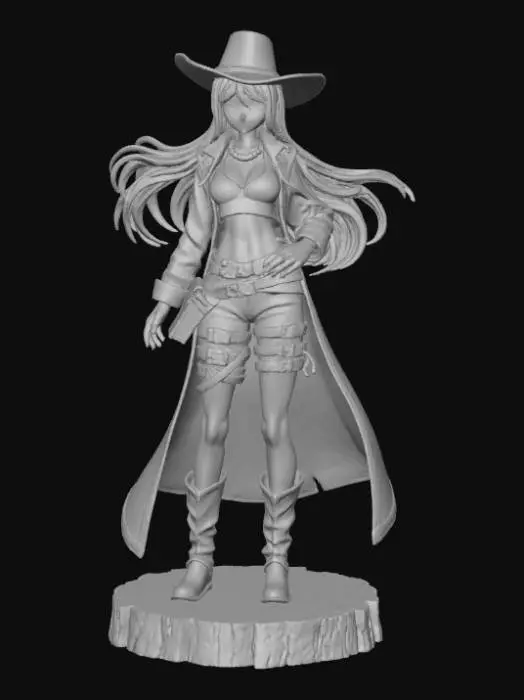 3D model for High detail, anime cowgirl, wearing leather outfit, posed in an action pose, standing on a detailed wooden base.