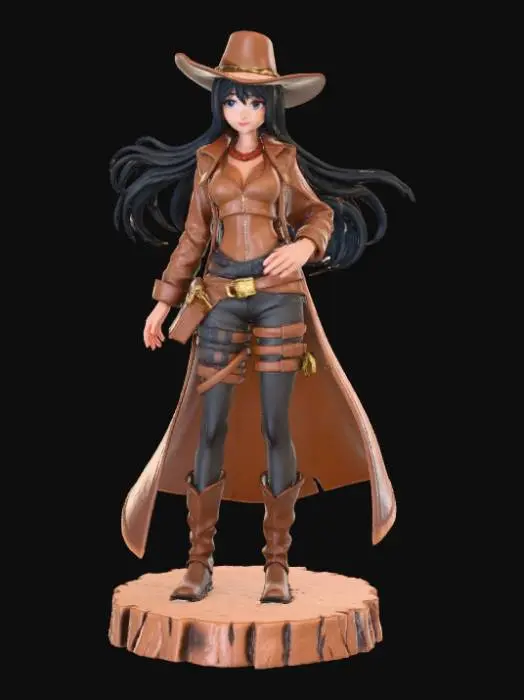 3D model for High detail, anime cowgirl, wearing leather outfit, posed in an action pose, standing on a detailed wooden base.