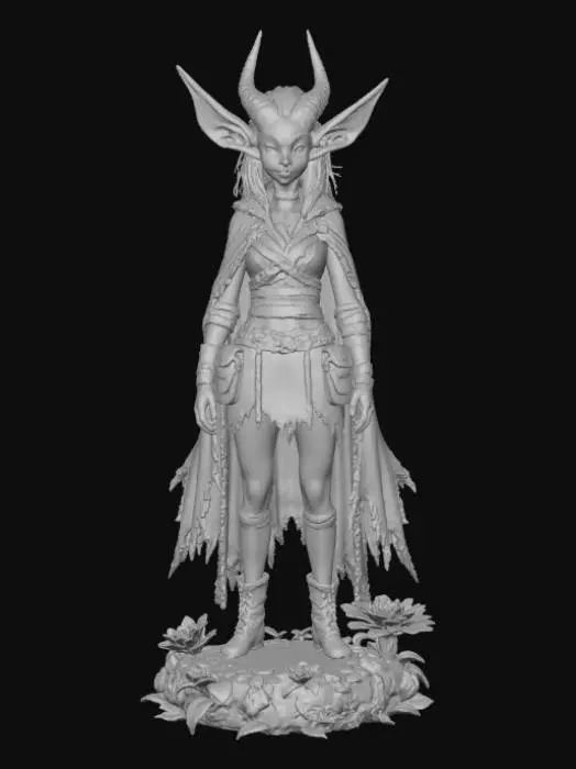 3D model for High detail, Fantasy, Fey Creature, wearing high detail adventurer clothes, standing on high detailed base, in action pose.