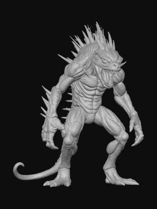 3D model for High detail, Saw toothed monster, posed on a rocky terrain.