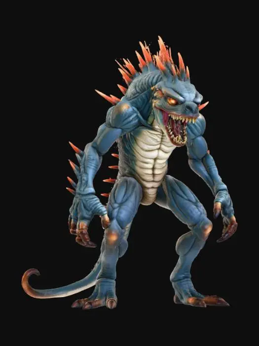 3D model for High detail, Saw toothed monster, posed on a rocky terrain.