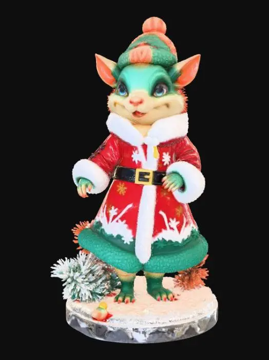 3D model for High detail, Fantasy, Creature, wearing high detail christmas clothes, standing on high detailed base, in action pose