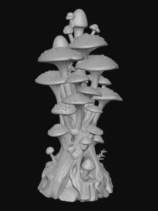 3D model for High detail, abstract spire, designed like a mushroom kingdom, displayed on a dark wood base.