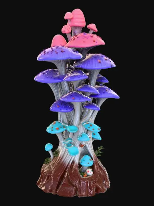 3D model for High detail, abstract spire, designed like a mushroom kingdom, displayed on a dark wood base.